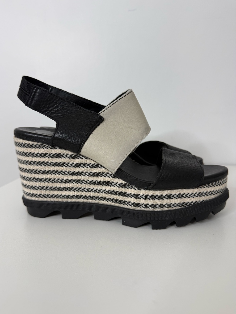 Sorel Joanie II Slingback Platform Wedge Leather Sandals Black Cream Women 7.5